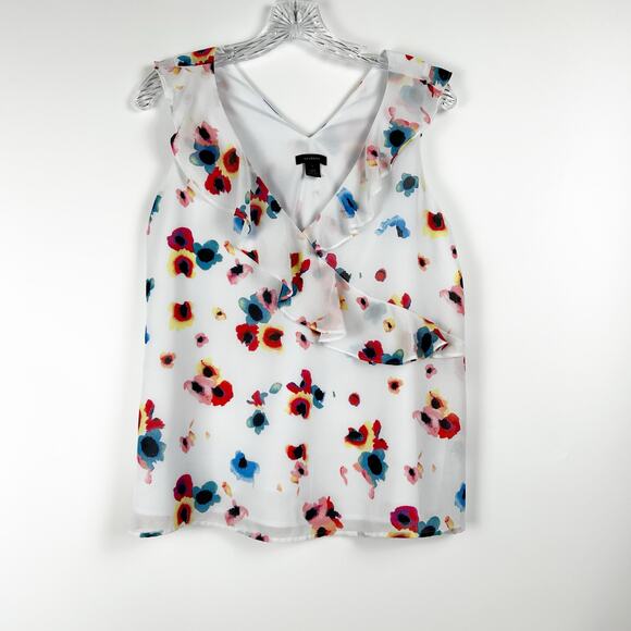 Halogen Ruffle Blouse Top White Floral Sleeveless Nordstrom Womens Size Small - Picture 3 of 11